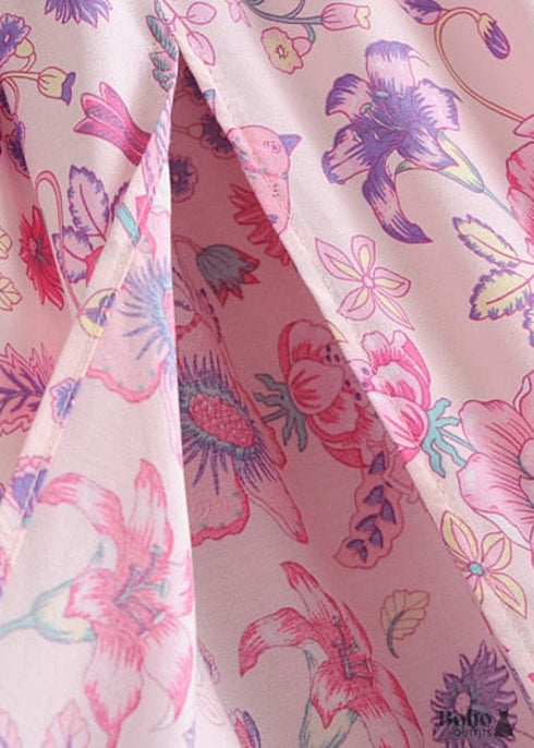 Boho Skirts in Smocked Waist, Bird Garden in Pink Purple For Women